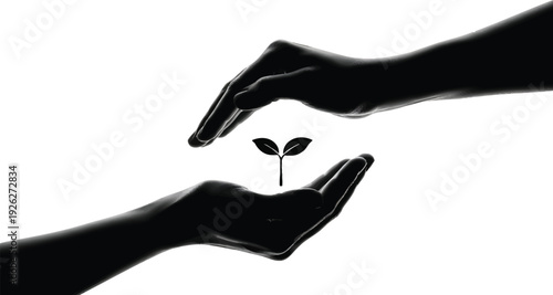 A pair of hands gently cupped together, forming a protective, enveloping shape. Within the hands, a small, simple silhouette of a sprout, a clean white background
