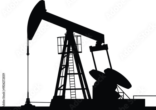 Oil pumpjack silhouette at drilling site, petroleum industry extraction equipment isolated black vector illustration energy concept