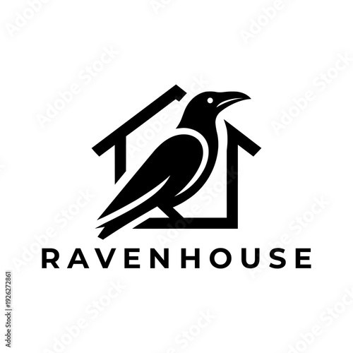 Modern black and white raven bird and house outline logo design template for real estate, creative agency, or brand identity