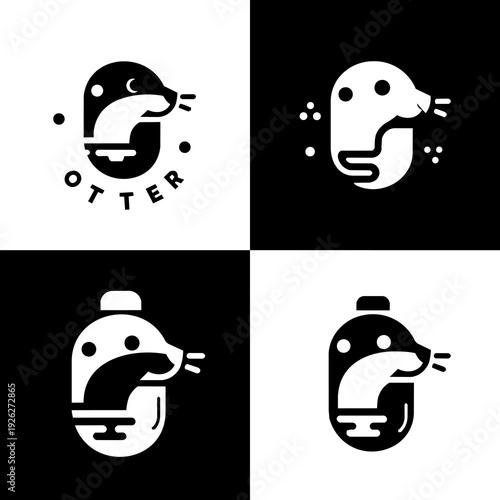 Set of four minimalist otter logo variations in black and white for modern creative branding, animal mascots, and business identity