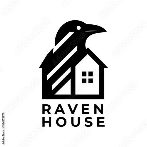Clever raven and house negative space logo template for modern real estate, property management, and creative business brand identity
