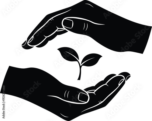 A pair of hands gently cupped together, forming a protective, enveloping shape. Within the hands, a small, simple silhouette of a sprout, a clean white background