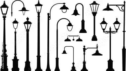 Set of black silhouettes featuring various vintage street lamps, classic outdoor lantern poles for urban park lighting