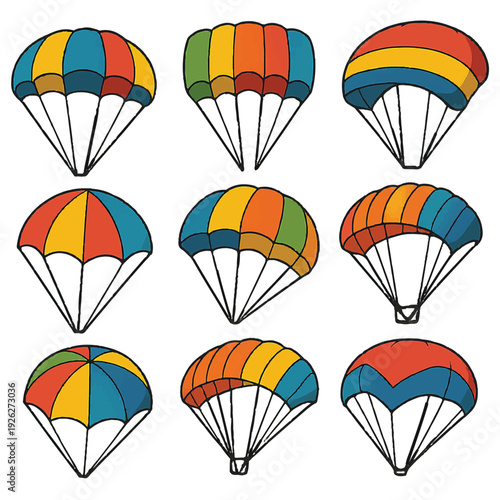 Colorful Parachute Designs: Assorted Styles and Shapes for Outdoor Adventure, Sports, and Exciting Event Vector Art.