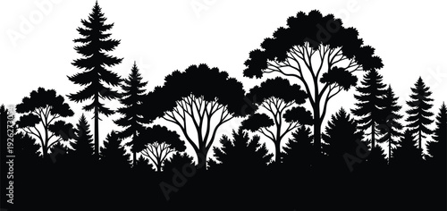A serene silhouette of a dense forest or a cluster of varied trees, creating a sense of being enveloped by nature, a clean white background