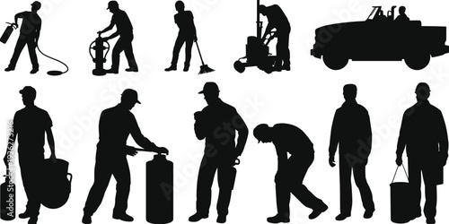 Industrial workers silhouettes collection with equipment and tools, labor service team isolated black vector illustration set