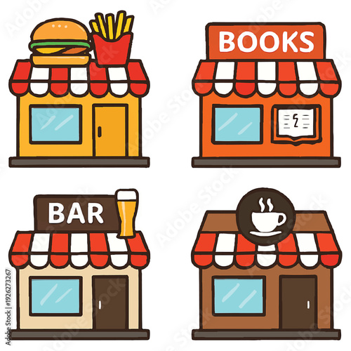 Flat Icons of Shops and Stores: Diverse Retail Buildings like Coffee Shops, Bookstores, and Fast Food for Business Concepts.