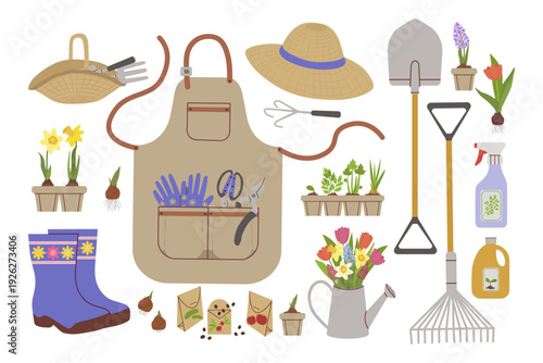 A comprehensive vector illustration of spring gardening elements, including an apron, tools, seedlings, and flowers. Ideal for seasonal hobby, planting, and nature-themed designs.