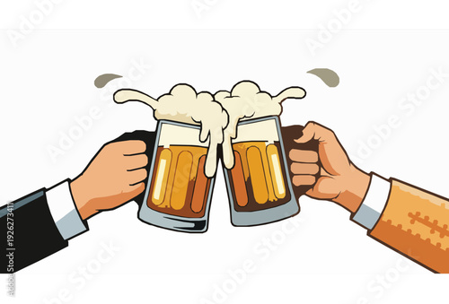 Retro Poster Style Hands Toasting Beer Mugs Vector on White Background