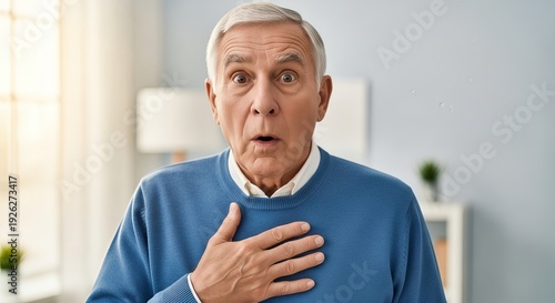 An elderly man clutching his chest in discomfort