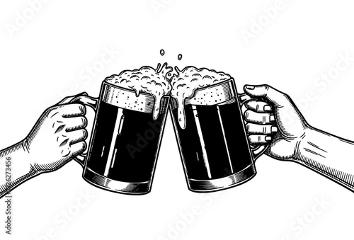 Vintage Engraving Style Hands Clinking Beer Mugs Vector Illustration Isolated on White