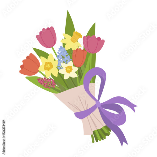 Beautiful spring bouquet with colorful tulips, daffodils and muscari. Hand drawn vector illustration isolated on white. Perfect for Mother s Day, Women s Day or Easter greeting cards.