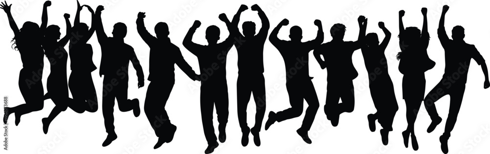 Obraz premium Happy people jumping silhouettes collection, energetic crowd celebrating success isolated black vector illustration set