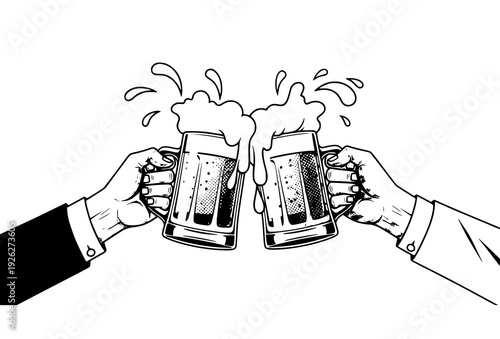 Retro Poster Style Hands Toasting Beer Mugs Vector on White Background