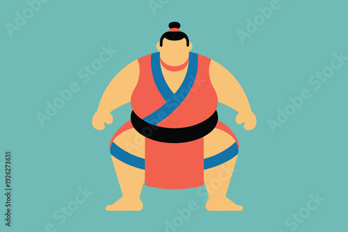 Illustration Of A Sumo Wrestler Wearing Traditional Sumo Clothing, In A Squatting Pose Vector Design Template