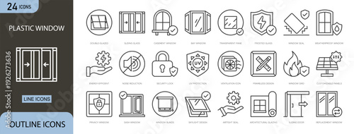 Plastic window icon set representing home and office windows, frames, glass panes, installation, architecture, construction, energy efficiency and building components in clean outline vector style.
