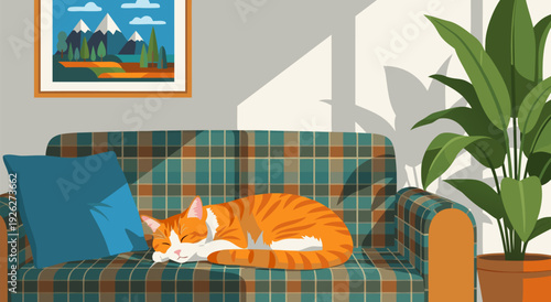 Cozy Orange-white Cat Lying on Plaid Couch in Serene Living Room Vector Illustration