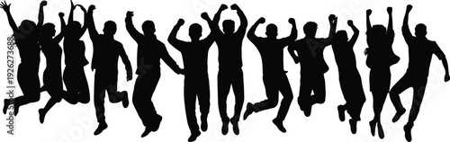Happy people jumping silhouettes collection, energetic crowd celebrating success isolated black vector illustration set