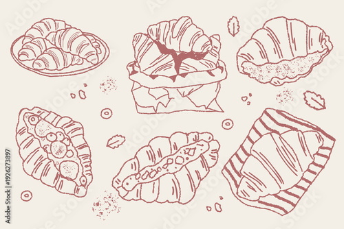 Hand drawn croissant set in crayon style. Textured sketch croissants with chocolate jam and fillings isolated on light background. Rustic bakery illustration for packaging menu and branding.
