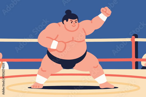 Illustration Of A Sumo Wrestler In The Arena, In A Ready Position Vector Design Template