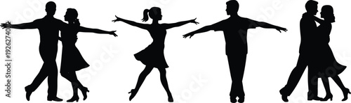 Couple ballroom dance silhouettes collection, elegant man and woman tango waltz poses isolated black vector illustration set