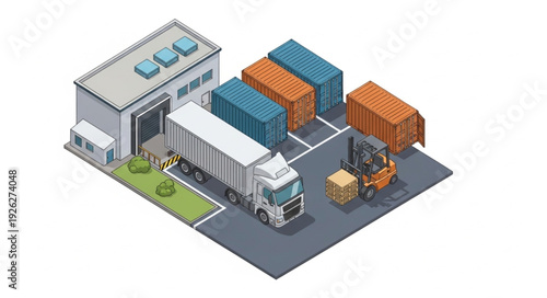 Industrial Warehouse with Containers and Trucks.