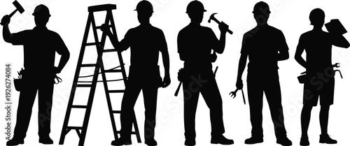 Construction workers silhouette set with tools and ladder, professional builder handyman isolated black vector illustration collection