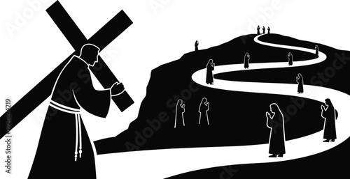 Christian pilgrimage silhouette of man carrying cross along winding path, symbolizing faith, repentance and spiritual journey isolated on white background.