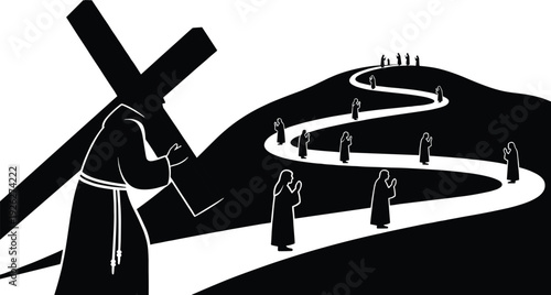 Christian pilgrimage silhouette with man carrying cross along winding path, symbolizing faith, devotion and spiritual journey concept illustration.
