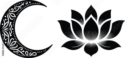 Decorative crescent moon and lotus flower silhouettes, spiritual religious symbols representing Islam and meditation isolated on white background.