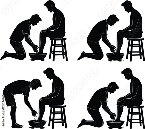 Foot washing silhouette sequence symbolizing humility, service and Christian devotion, biblical act of love isolated on white background.