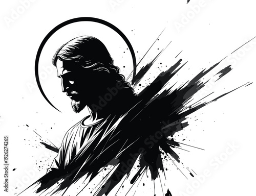 Jesus Christ portrait with halo and dynamic ink splash, modern Christian religious illustration symbolizing faith and salvation.