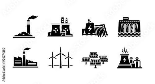 Diverse energy sources illustration showcasing renewable and non-renewable power generation methods.