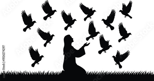 Jesus Christ silhouette praying with flying doves, symbol of peace, faith and spiritual freedom isolated on white background.