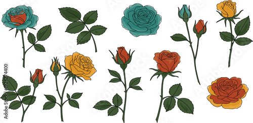Vibrant roses and buds in various colors on white background, illustrated from a straightforward viewpoint