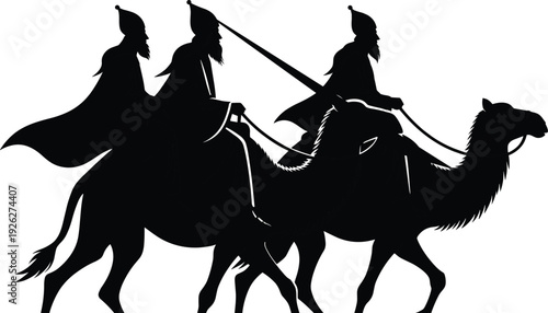 Three Wise Men silhouettes riding camels, biblical Magi journey to Bethlehem for Christmas nativity religious illustration.