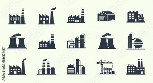 Industrial factory buildings silhouette set on a neutral background.
