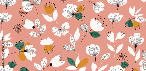 A vibrant floral pattern featuring flowers, leaves, and stems on a soft pink background from a top-down viewpoint.