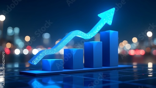  Blue 3d bar graph with upward trending arrow symbolizing financial growth and positive business performance on a city lights background
