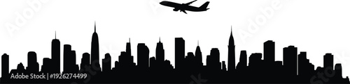 City skyline silhouette with airplane flying overhead, urban skyscraper panorama isolated black vector illustration modern travel concept