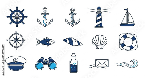 Nautical themed collection of various maritime symbols and icons for design.