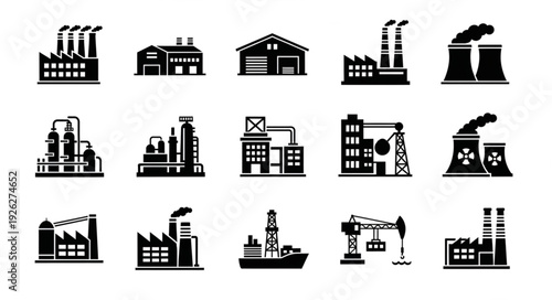 Collection of industrial factory buildings and structures in black and white.