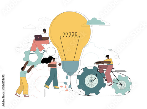 Teamwork concept. People rotate gears, cogwheels for light bulb operation, ideas. Workflow management. Search for new ideas.eps