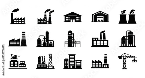 Collection of various industrial factory building silhouettes in black and white.
