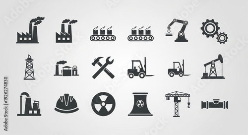 Industrial icons representing various aspects of manufacturing and production processes.