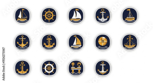 Collection of nautical emblems featuring anchors, sailboats, and steering wheels on a white background.