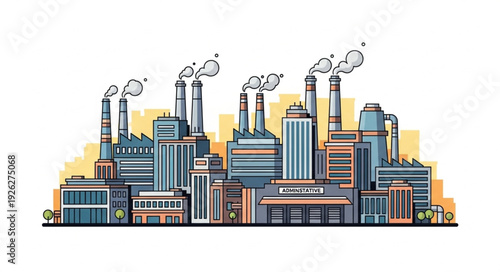 Industrial complex illustration depicting factories with smoke stacks and emissions.