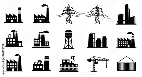Industrial landscape featuring factories, power lines, and construction elements.