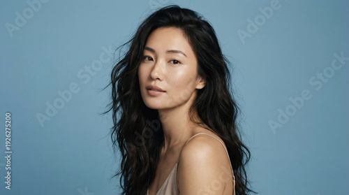 Young woman poses against a blue background with long dark hair, showing a soft expression and relaxed posture