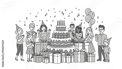 A black and white illustration of a diverse group of people celebrating a birthday with a large cake and gifts in a joyful scene with confetti and balloons.